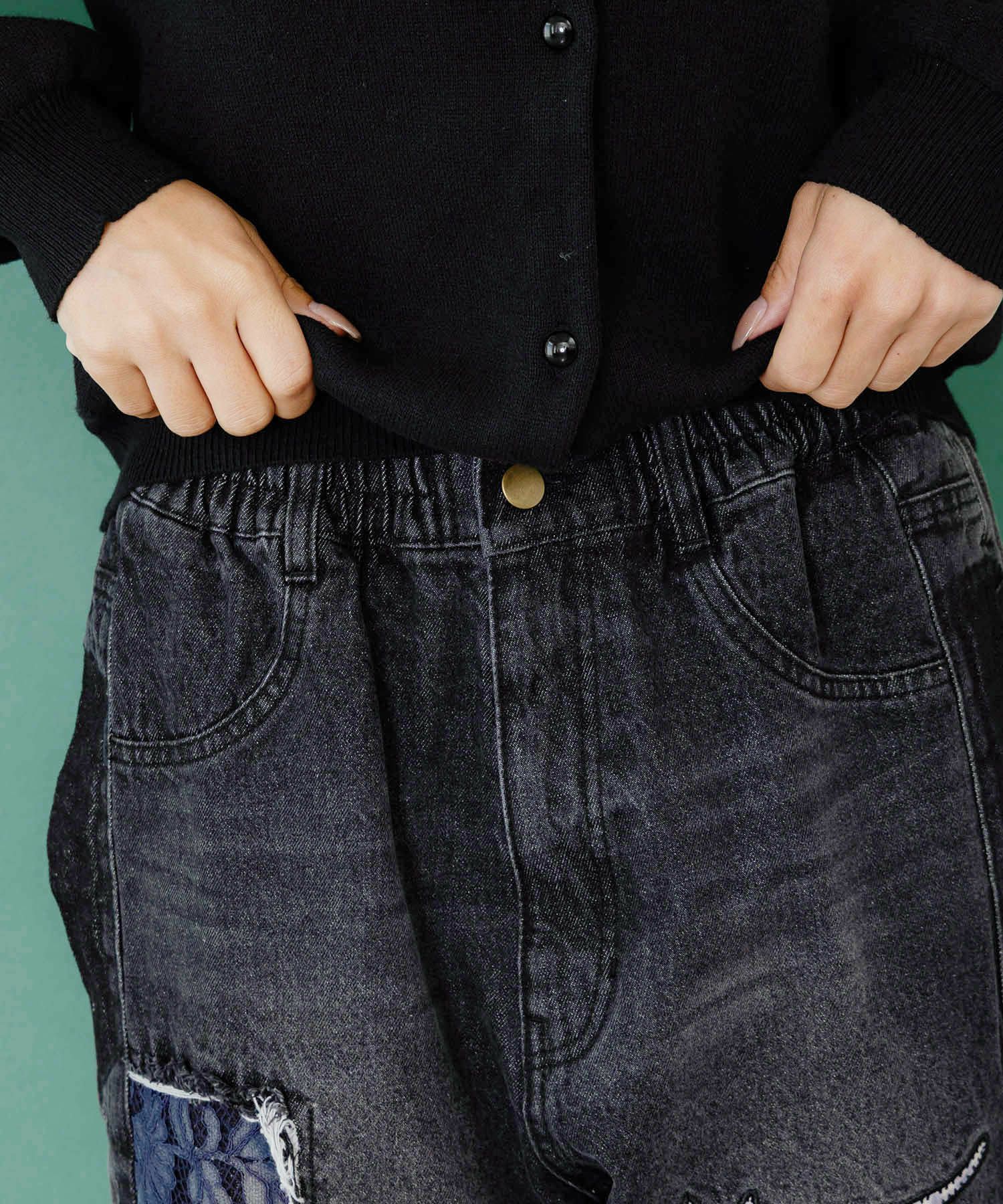 綿×レース異素材アップリケデニムパンツ-14