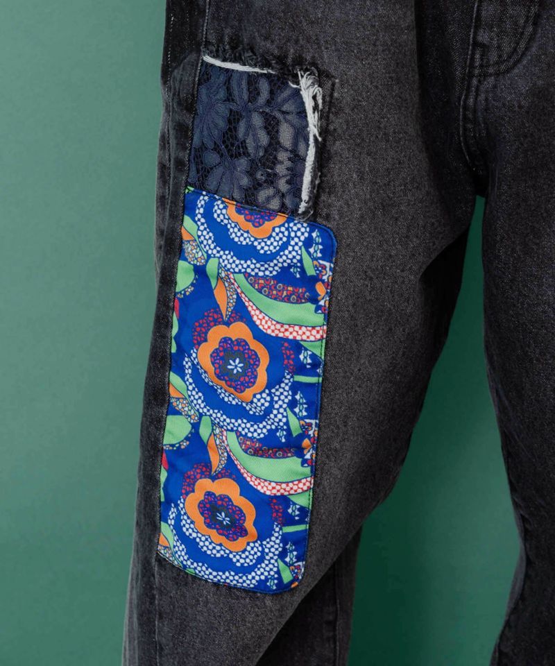 綿×レース異素材アップリケデニムパンツ-15