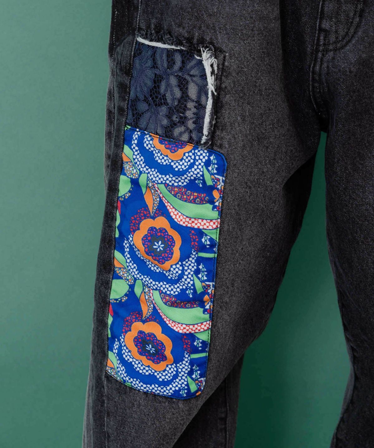 綿×レース異素材アップリケデニムパンツ-15