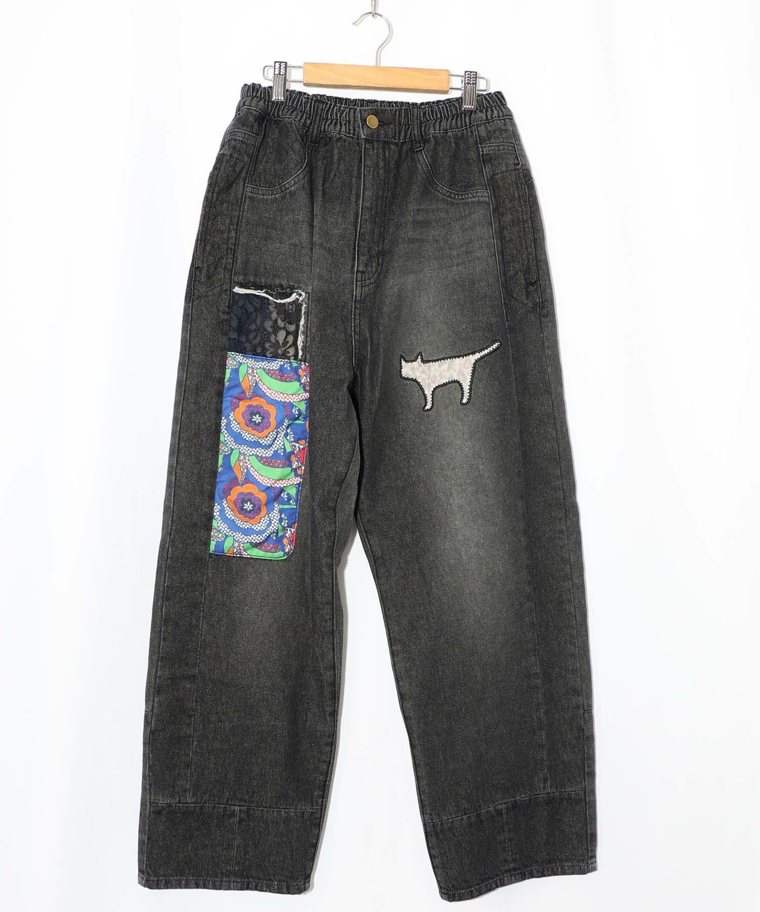 綿×レース異素材アップリケデニムパンツ-18