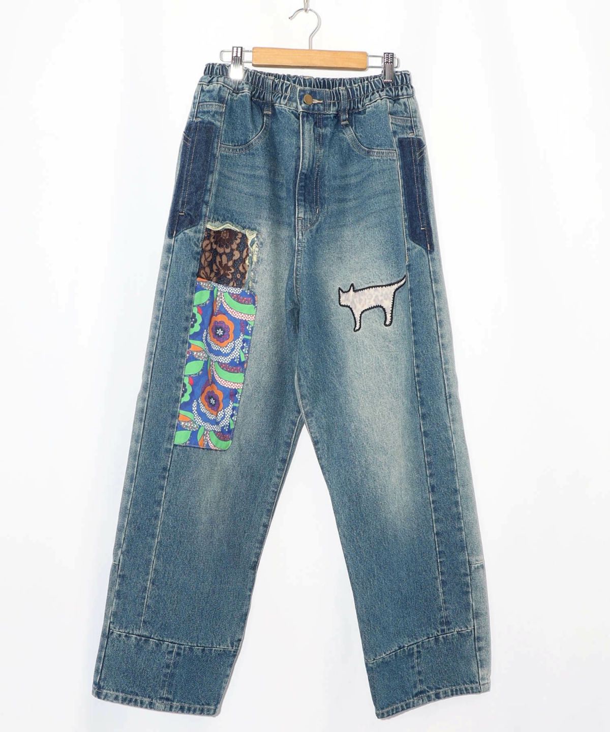 綿×レース異素材アップリケデニムパンツ-21