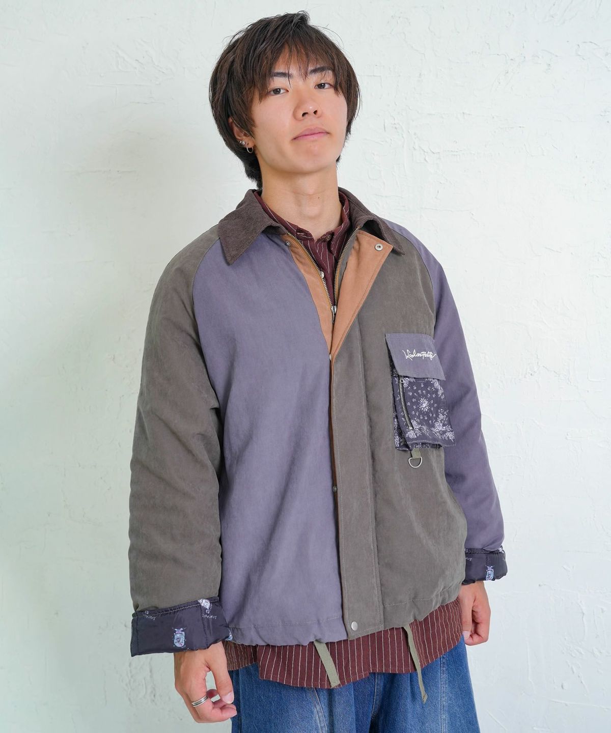 異素材使いの配色切替 中綿キルトジャケット-3