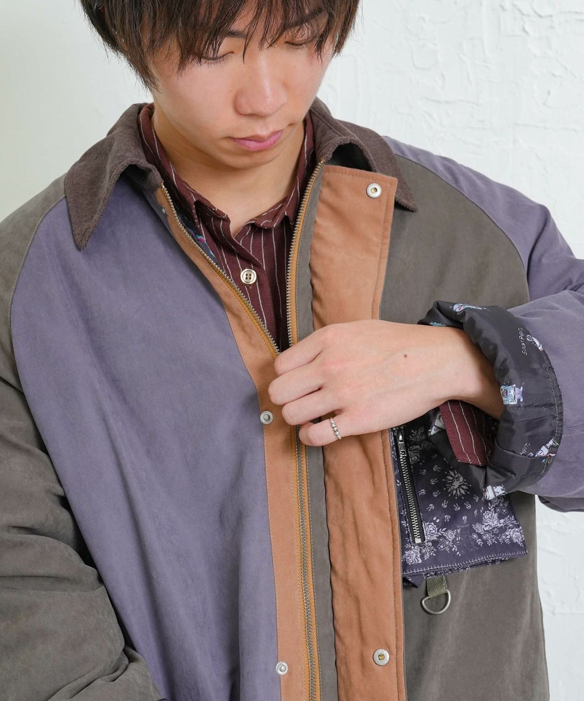 異素材使いの配色切替 中綿キルトジャケット-7