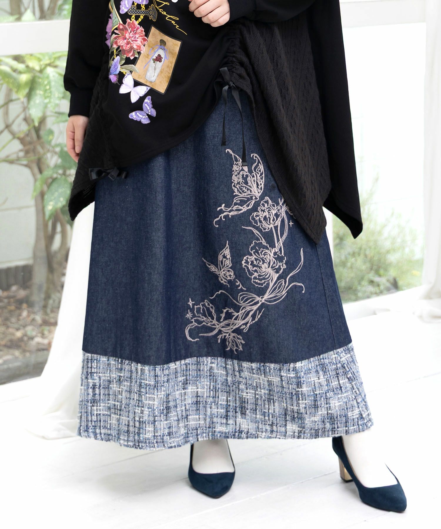 ラメツイード切替 花蝶刺繍デニムスカート-1