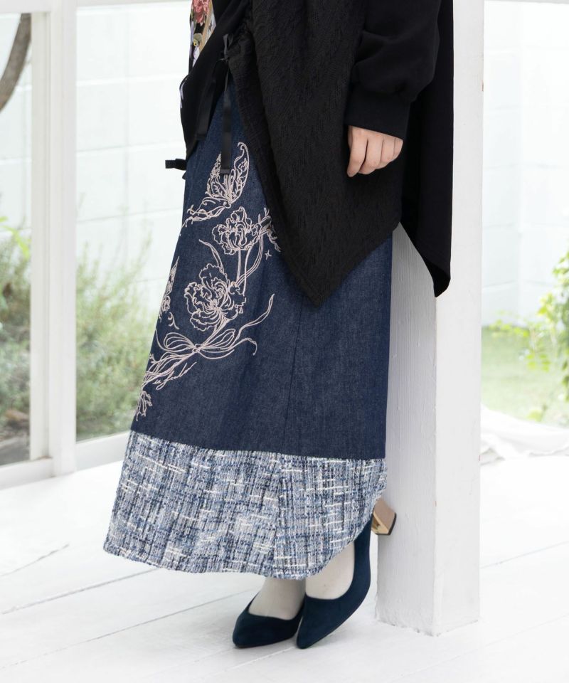 ラメツイード切替 花蝶刺繍デニムスカート-4