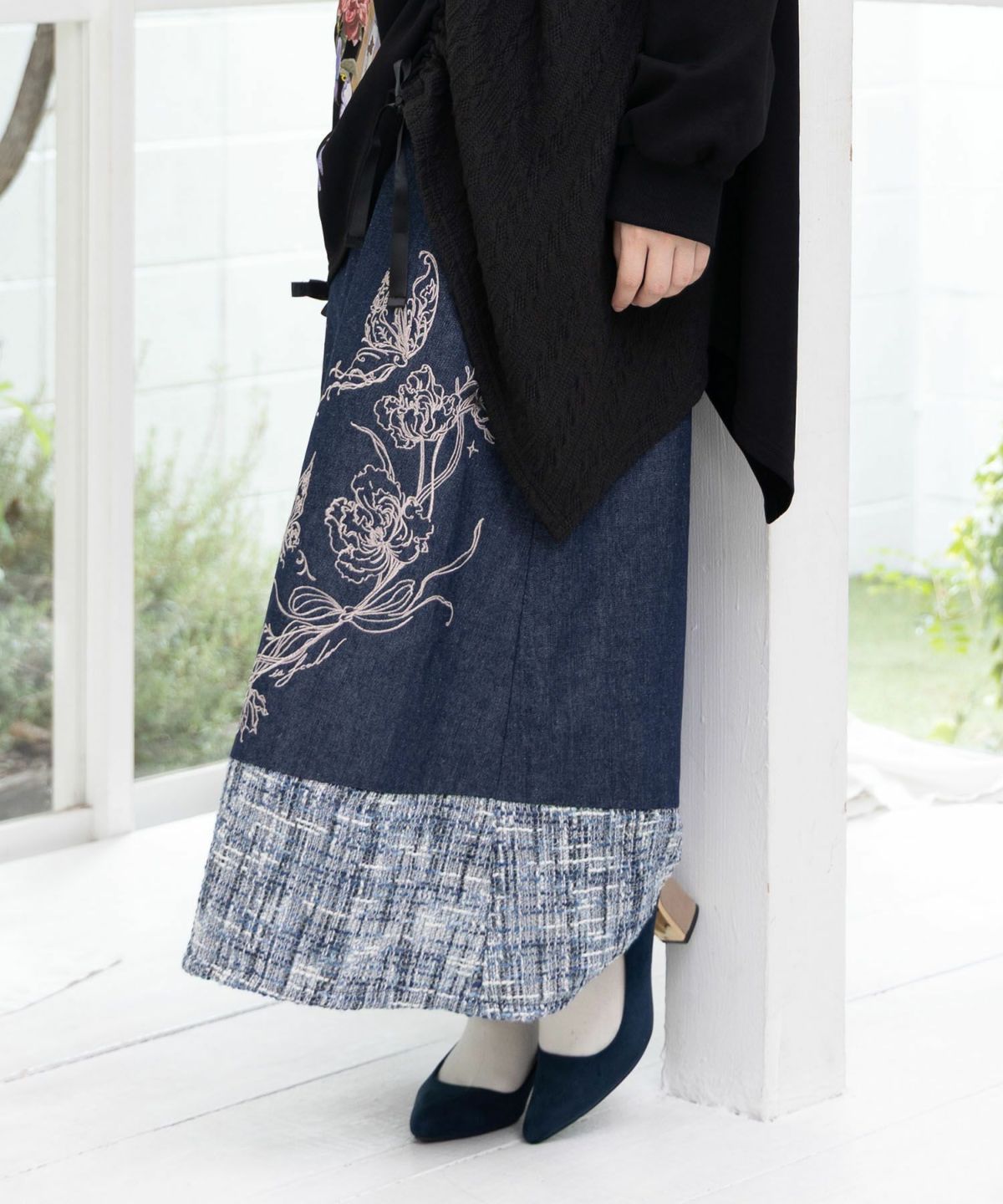 ラメツイード切替 花蝶刺繍デニムスカート-4