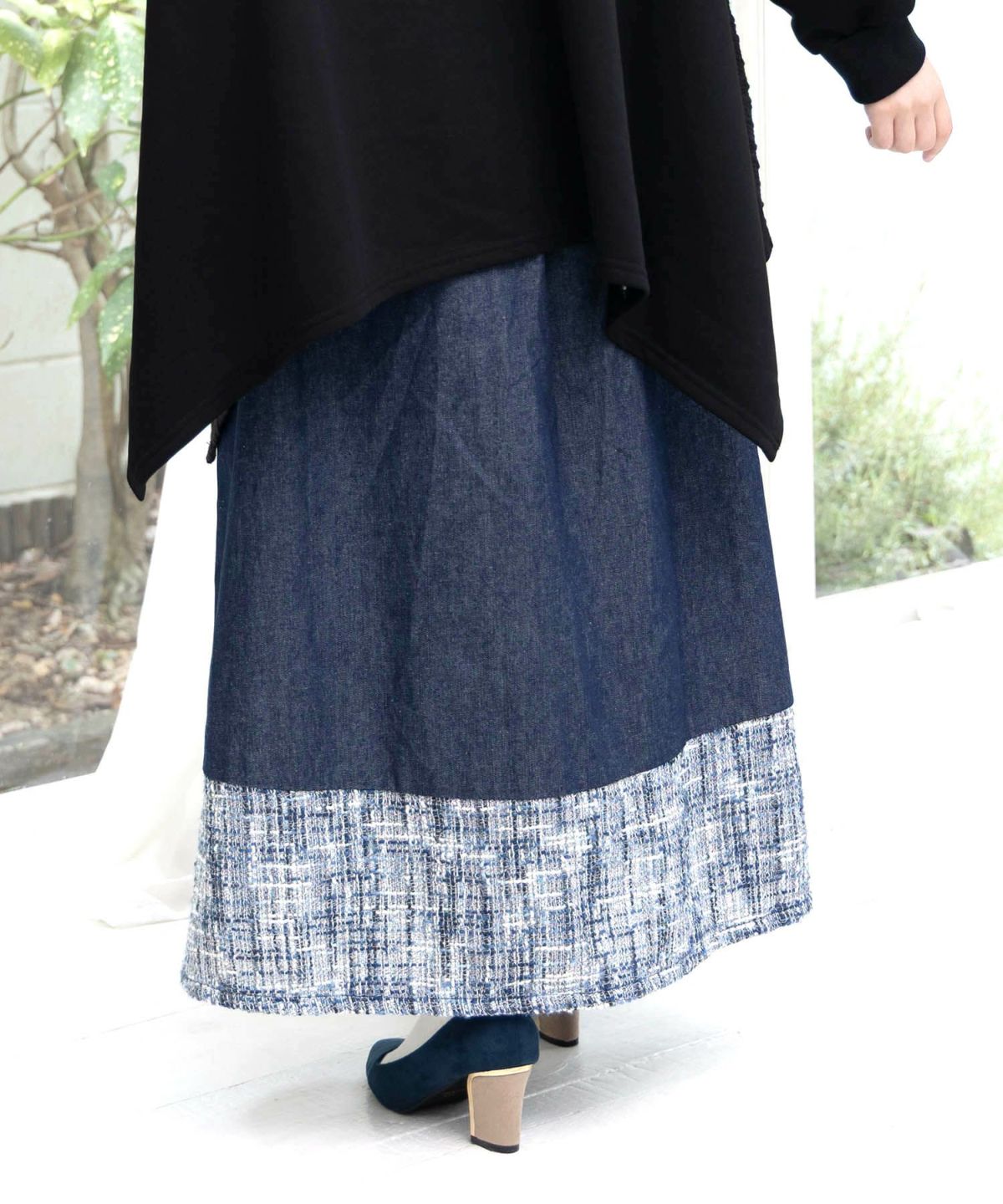 ラメツイード切替 花蝶刺繍デニムスカート-5