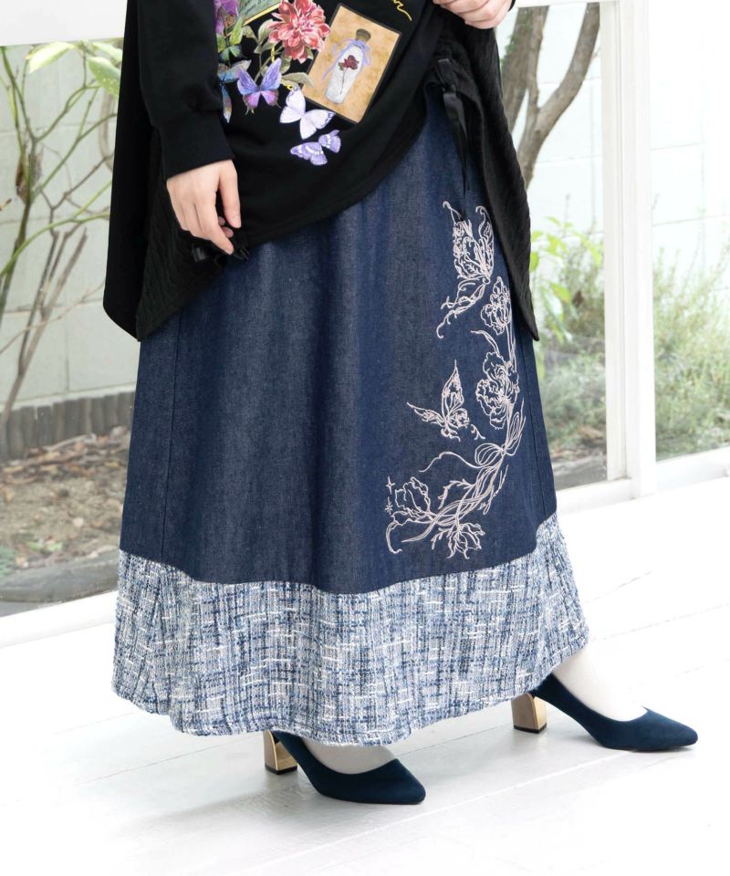 ラメツイード切替 花蝶刺繍デニムスカート-6