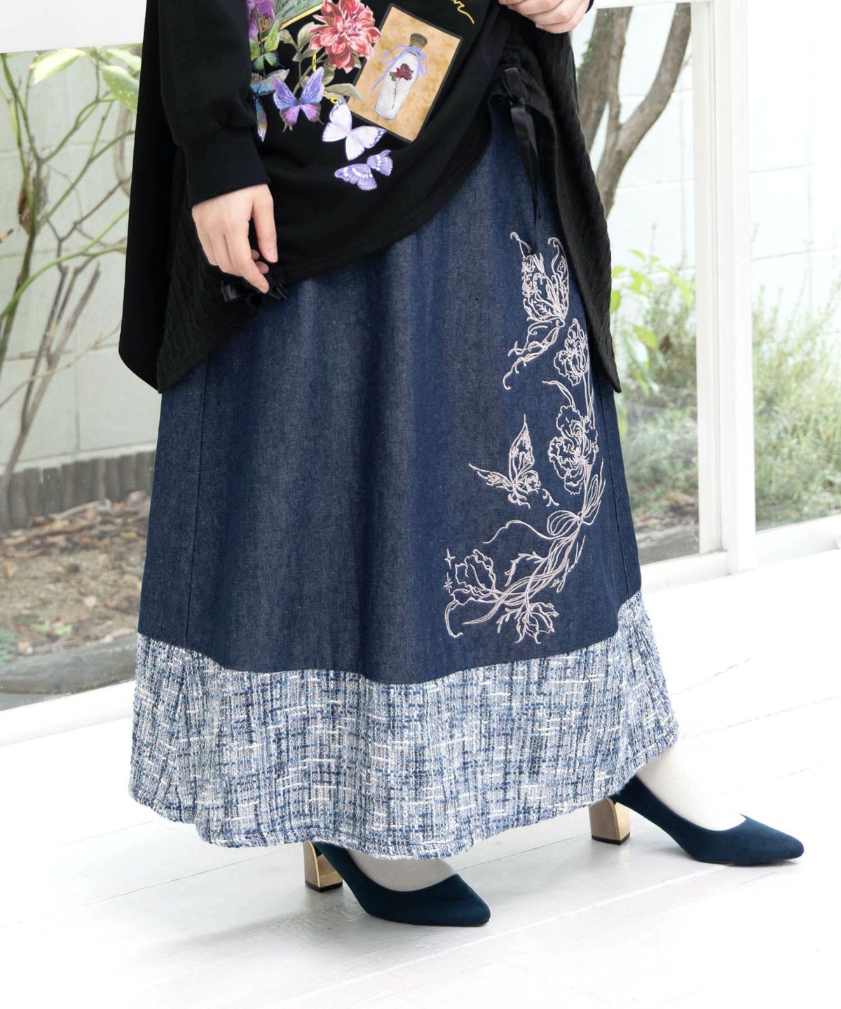 ラメツイード切替 花蝶刺繍デニムスカート-6
