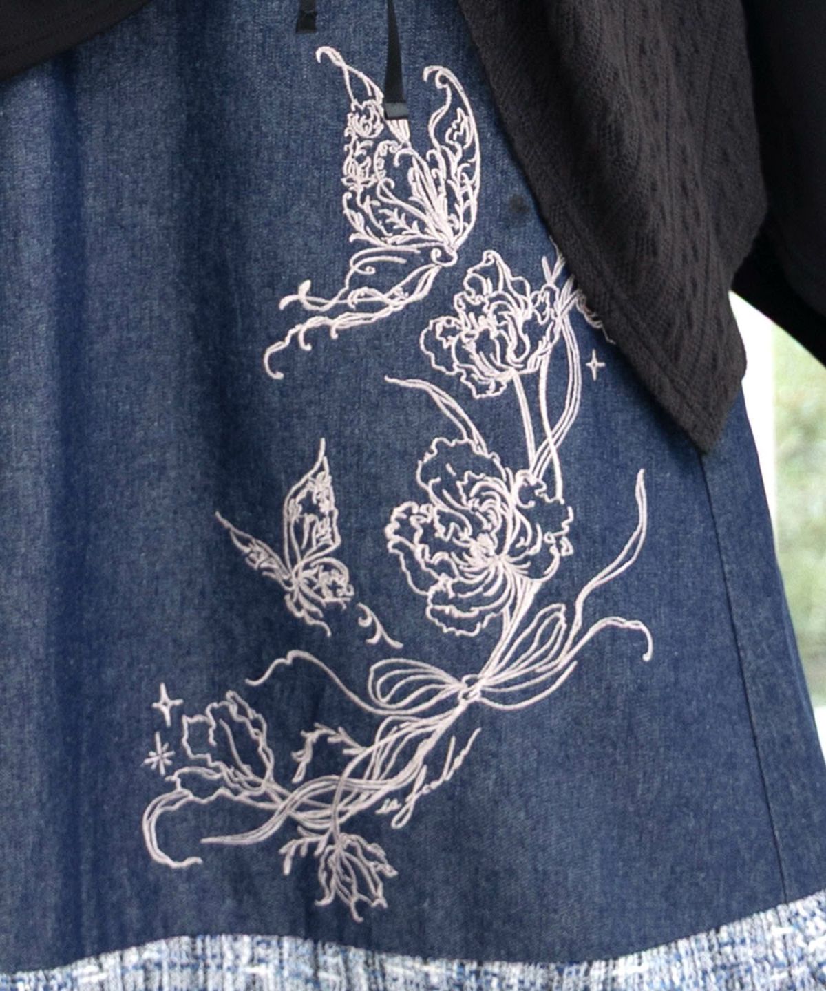 ラメツイード切替 花蝶刺繍デニムスカート-7