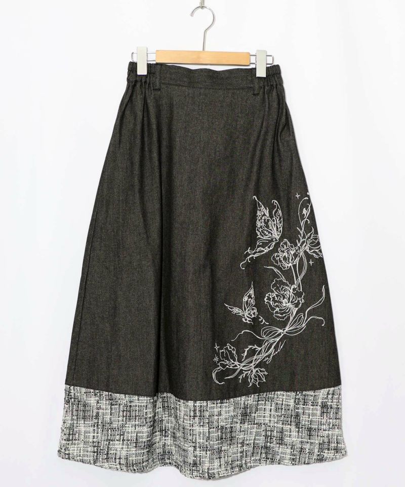 ラメツイード切替 花蝶刺繍デニムスカート-8
