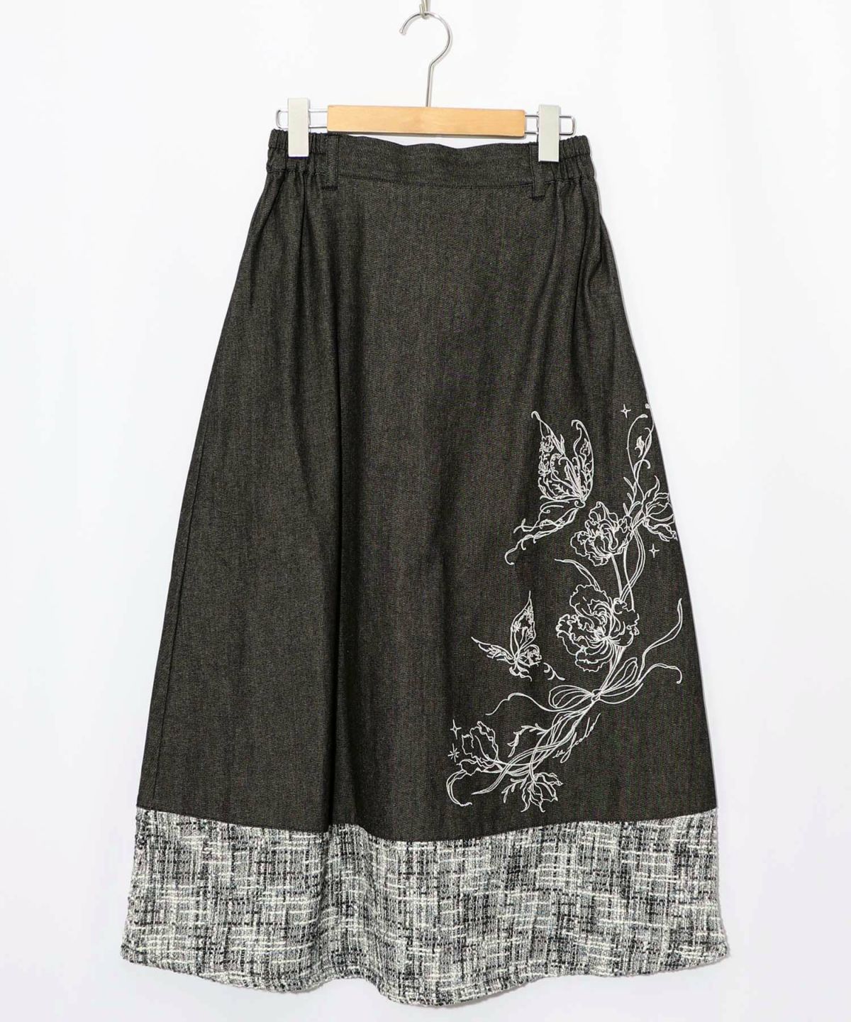 ラメツイード切替 花蝶刺繍デニムスカート-8