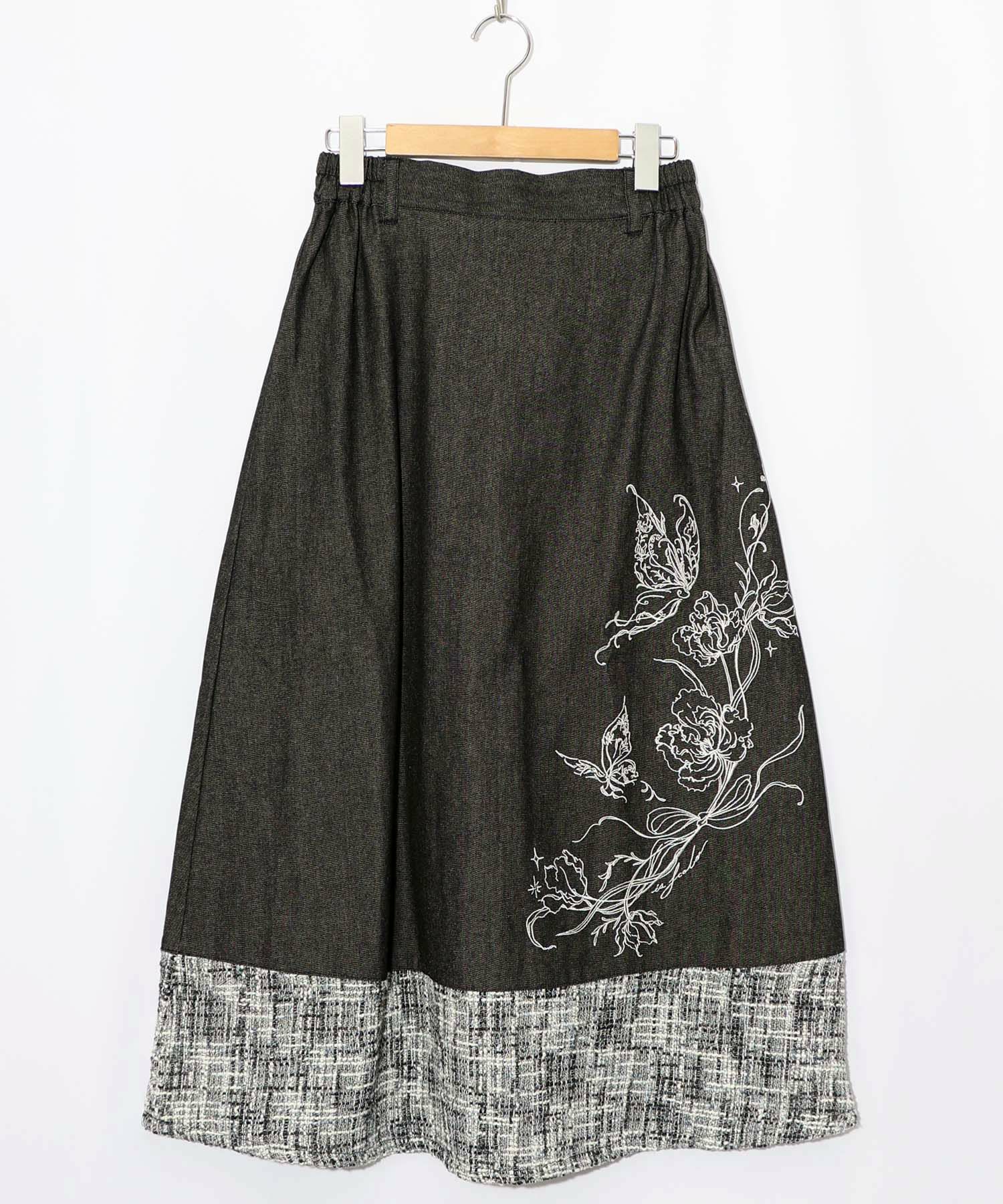 ラメツイード切替 花蝶刺繍デニムスカート-8