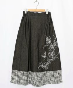 553249：ラメツイード切替 花蝶刺繍デニムスカートの通販-ScoLar