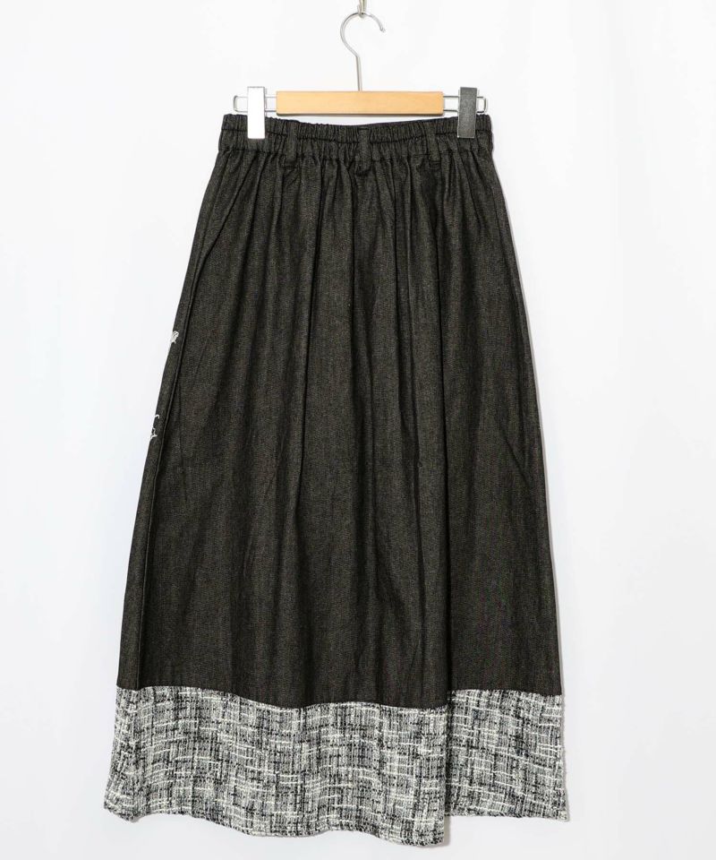 ラメツイード切替 花蝶刺繍デニムスカート-9