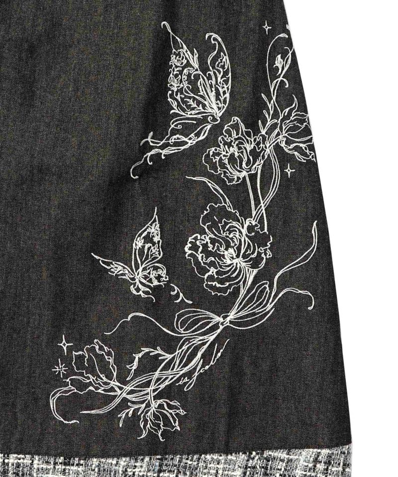 ラメツイード切替 花蝶刺繍デニムスカート-10