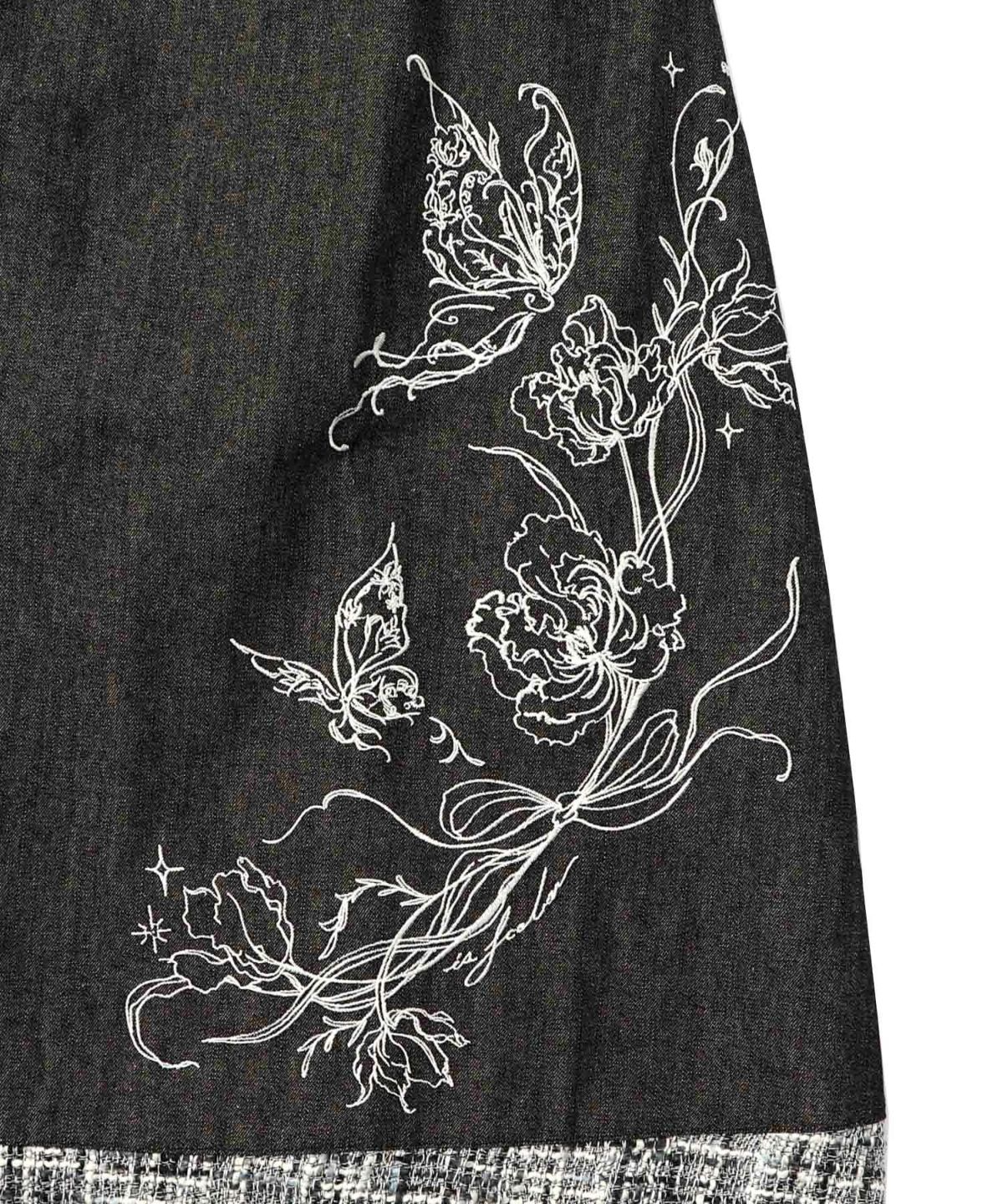 ラメツイード切替 花蝶刺繍デニムスカート-10