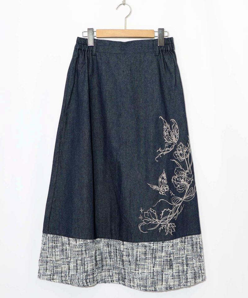 ラメツイード切替 花蝶刺繍デニムスカート-11