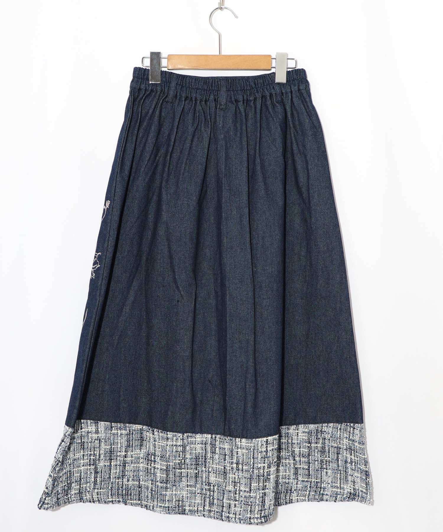 ラメツイード切替 花蝶刺繍デニムスカート-12