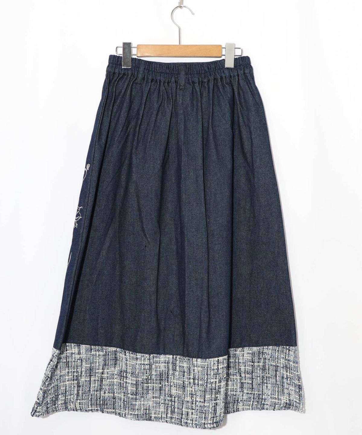 ラメツイード切替 花蝶刺繍デニムスカート-12