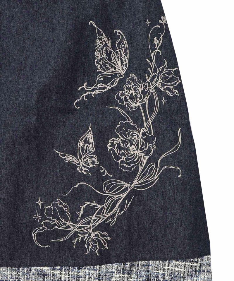 ラメツイード切替 花蝶刺繍デニムスカート-13