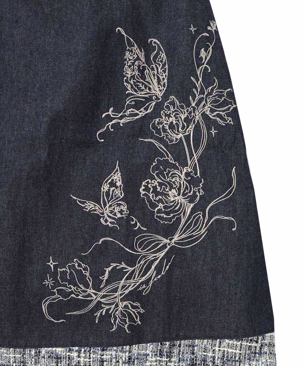 ラメツイード切替 花蝶刺繍デニムスカート-13