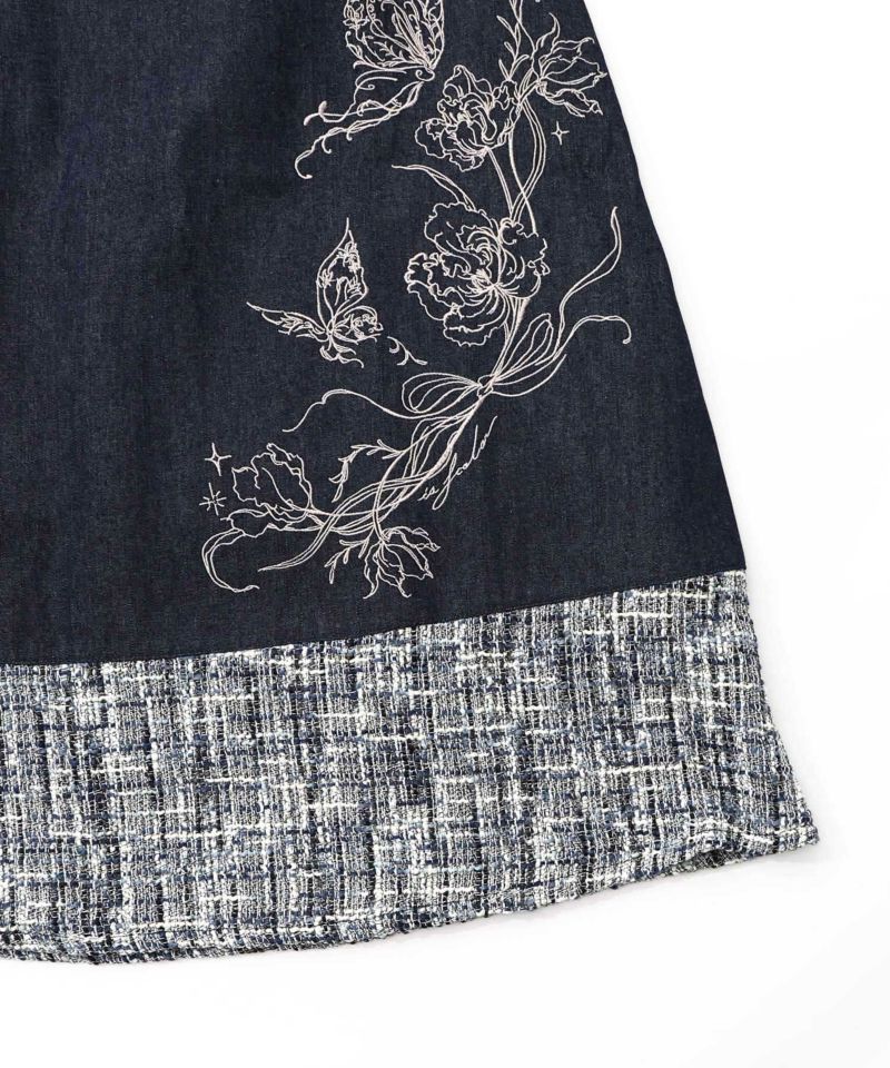 ラメツイード切替 花蝶刺繍デニムスカート-16