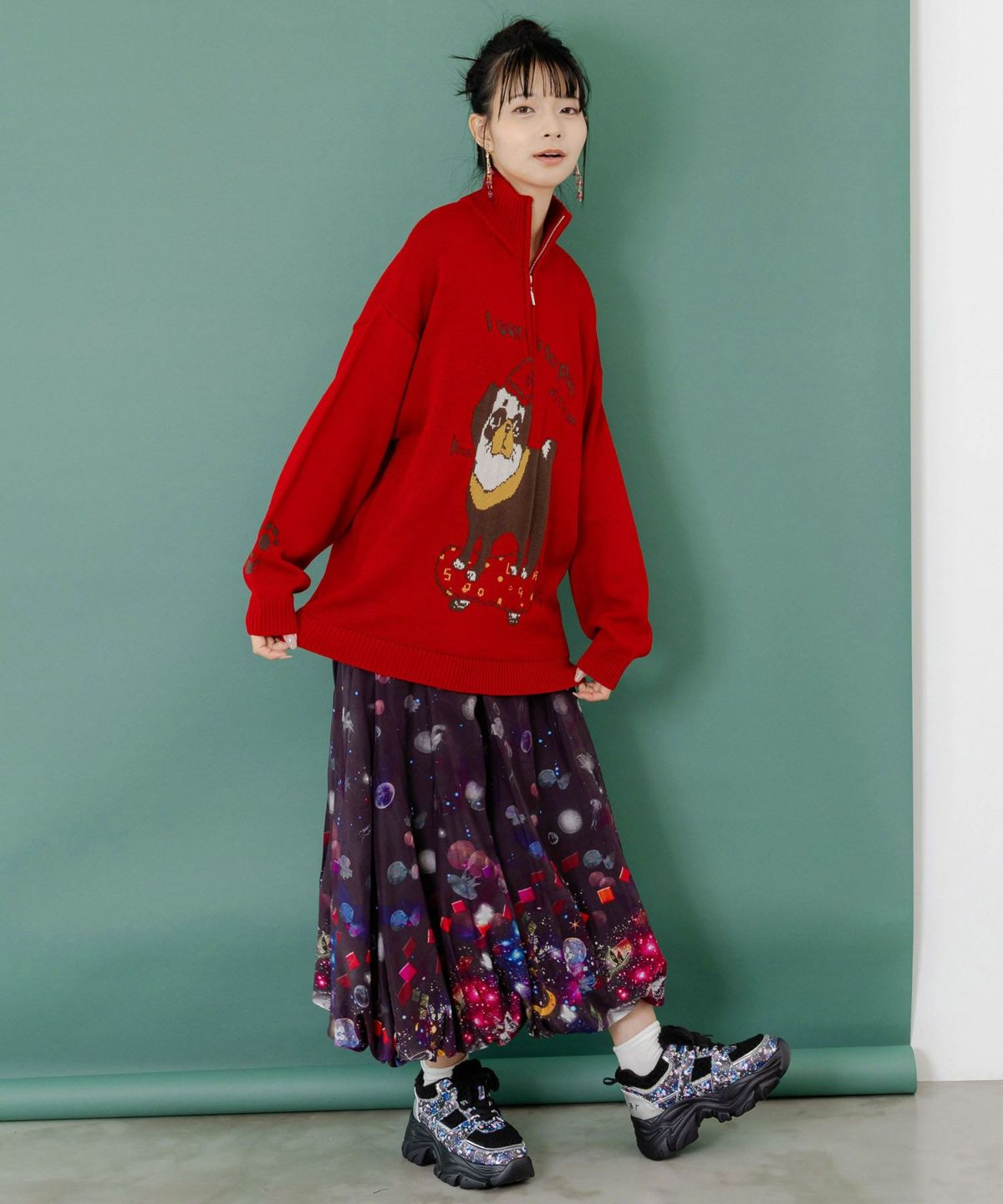 かまって欲しいパグ ハイネックニットプルオーバー-2