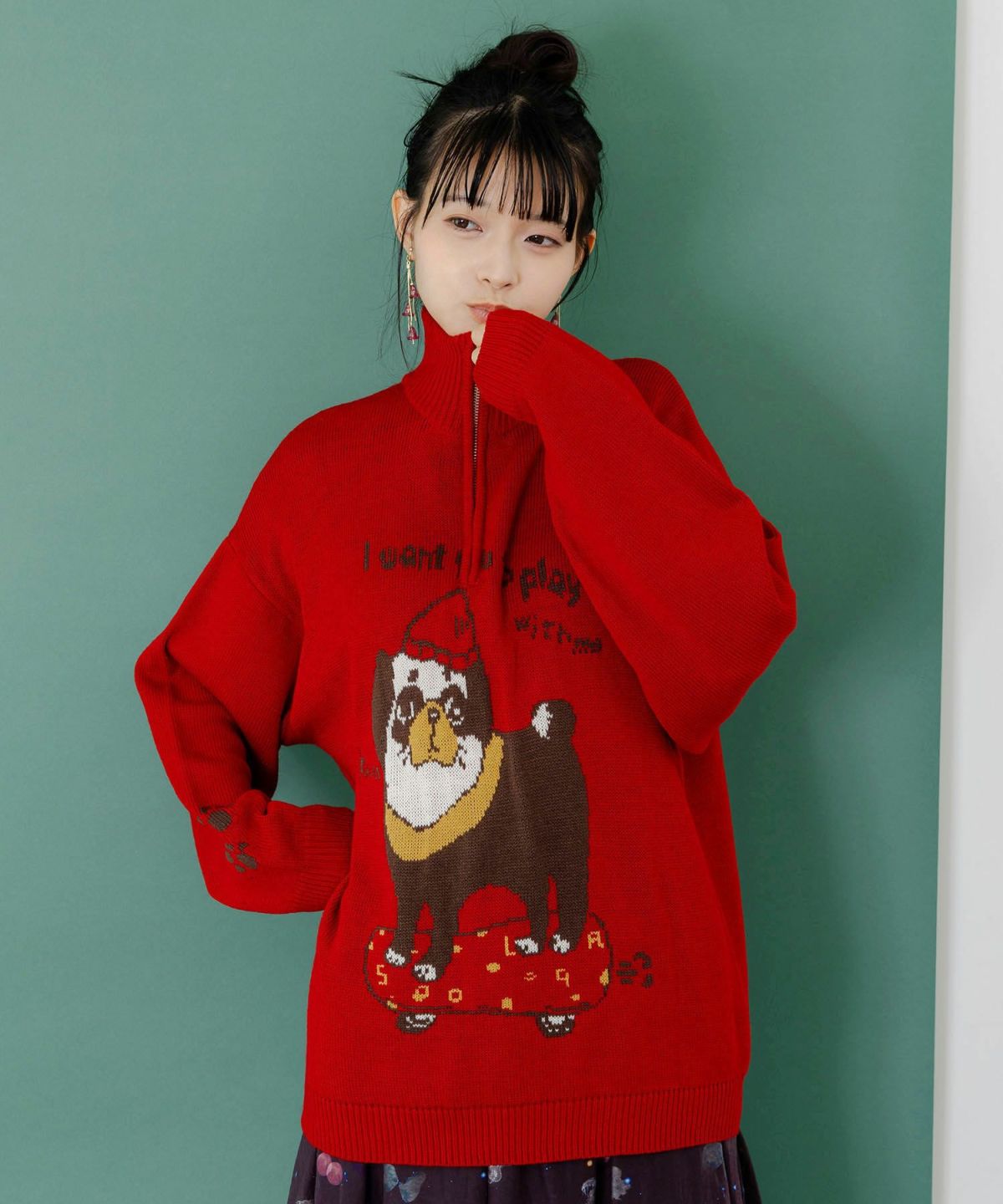 かまって欲しいパグ ハイネックニットプルオーバー-3