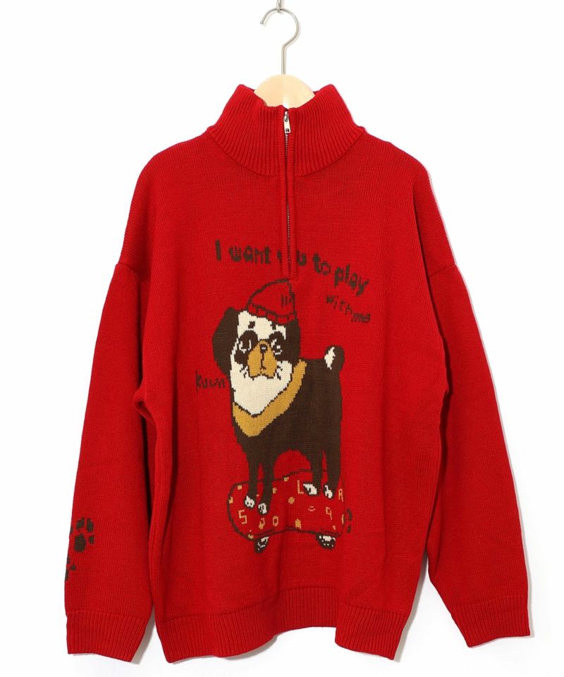かまって欲しいパグ ハイネックニットプルオーバー-11