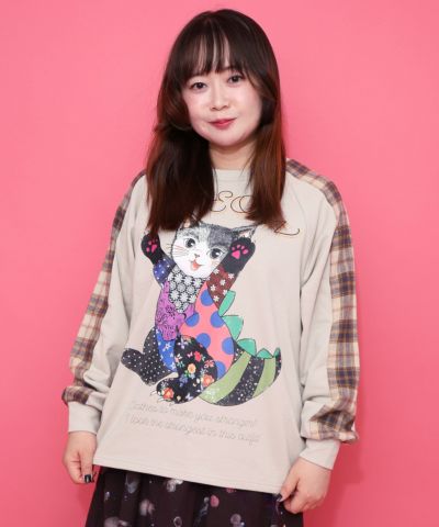 153684：ネコ怪獣とチェック柄 切替裏毛プルオーバーの通販-ScoLar