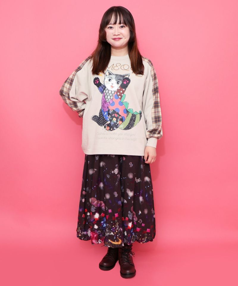 ネコ怪獣とチェック柄 切替裏毛プルオーバー-2