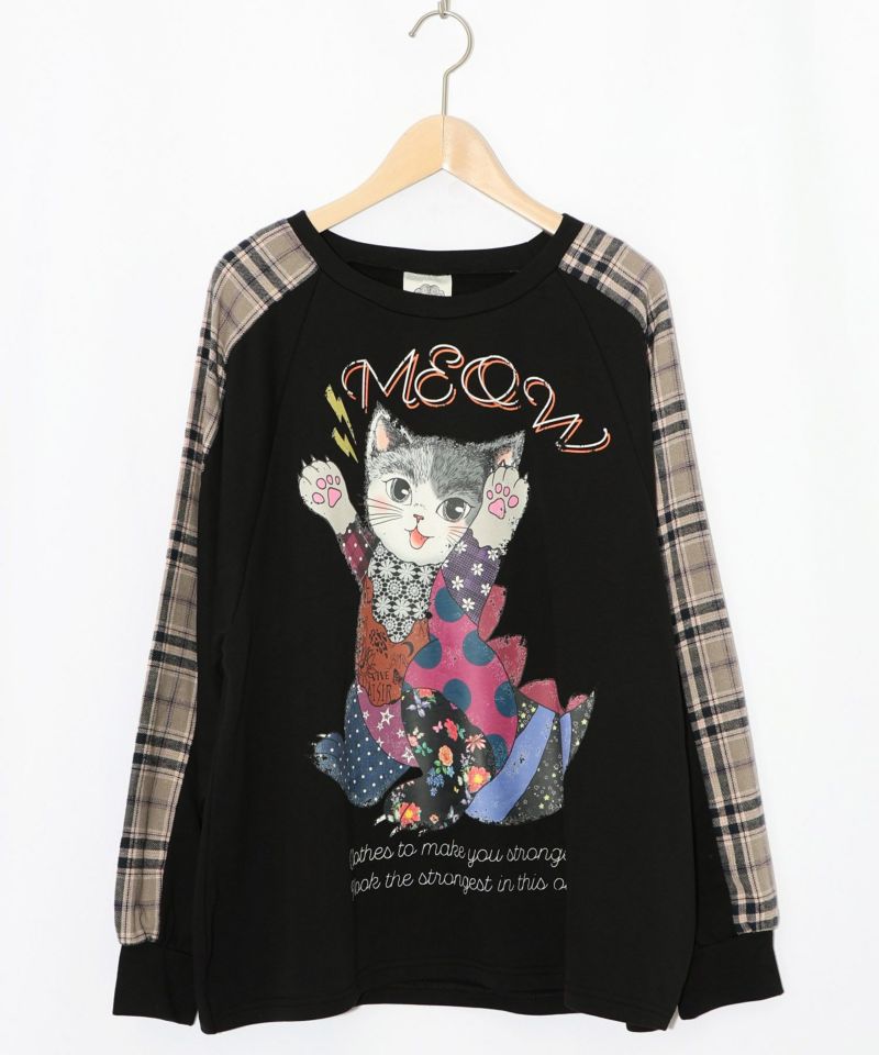 ネコ怪獣とチェック柄 切替裏毛プルオーバー-8