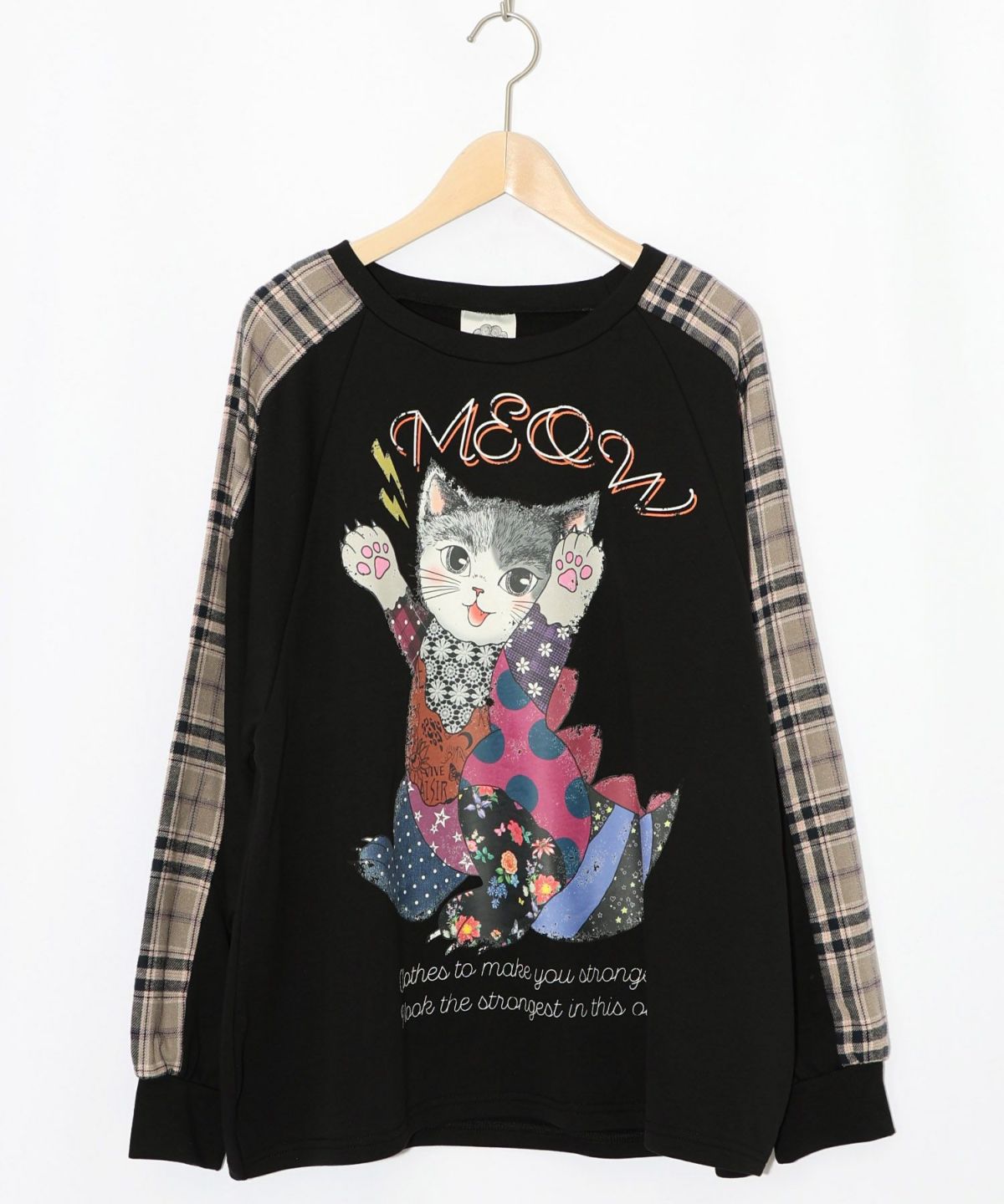 ネコ怪獣とチェック柄 切替裏毛プルオーバー-8