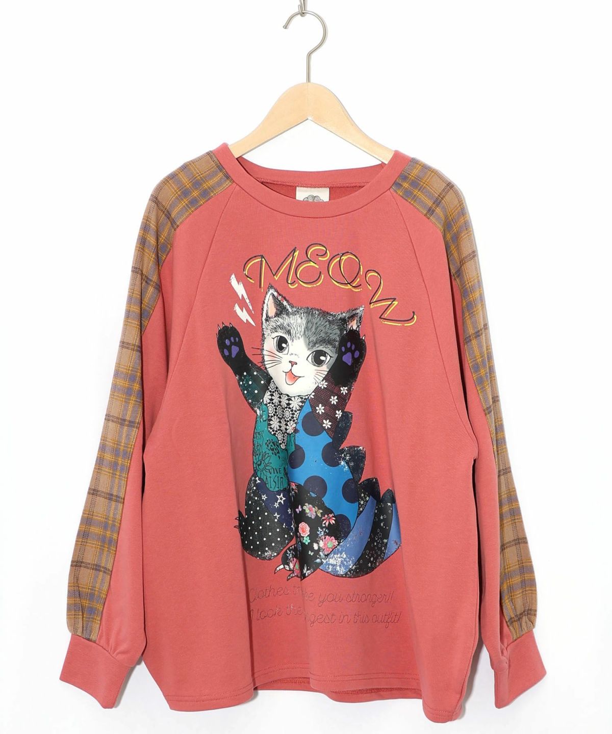 ネコ怪獣とチェック柄 切替裏毛プルオーバー-10