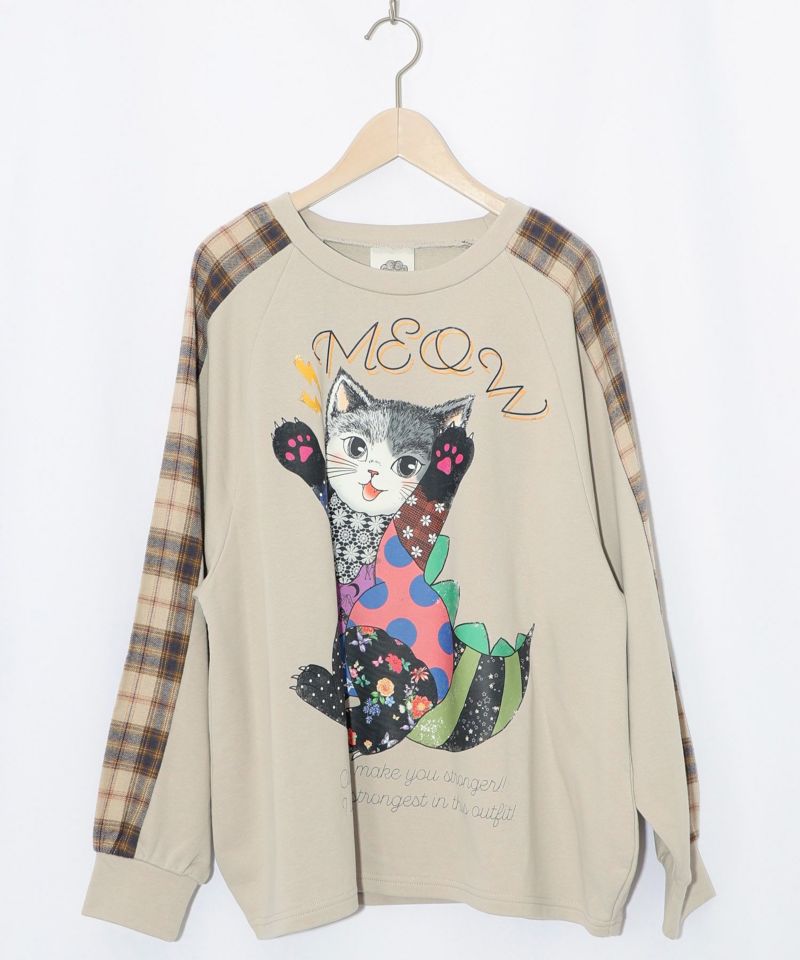 ネコ怪獣とチェック柄 切替裏毛プルオーバー-12