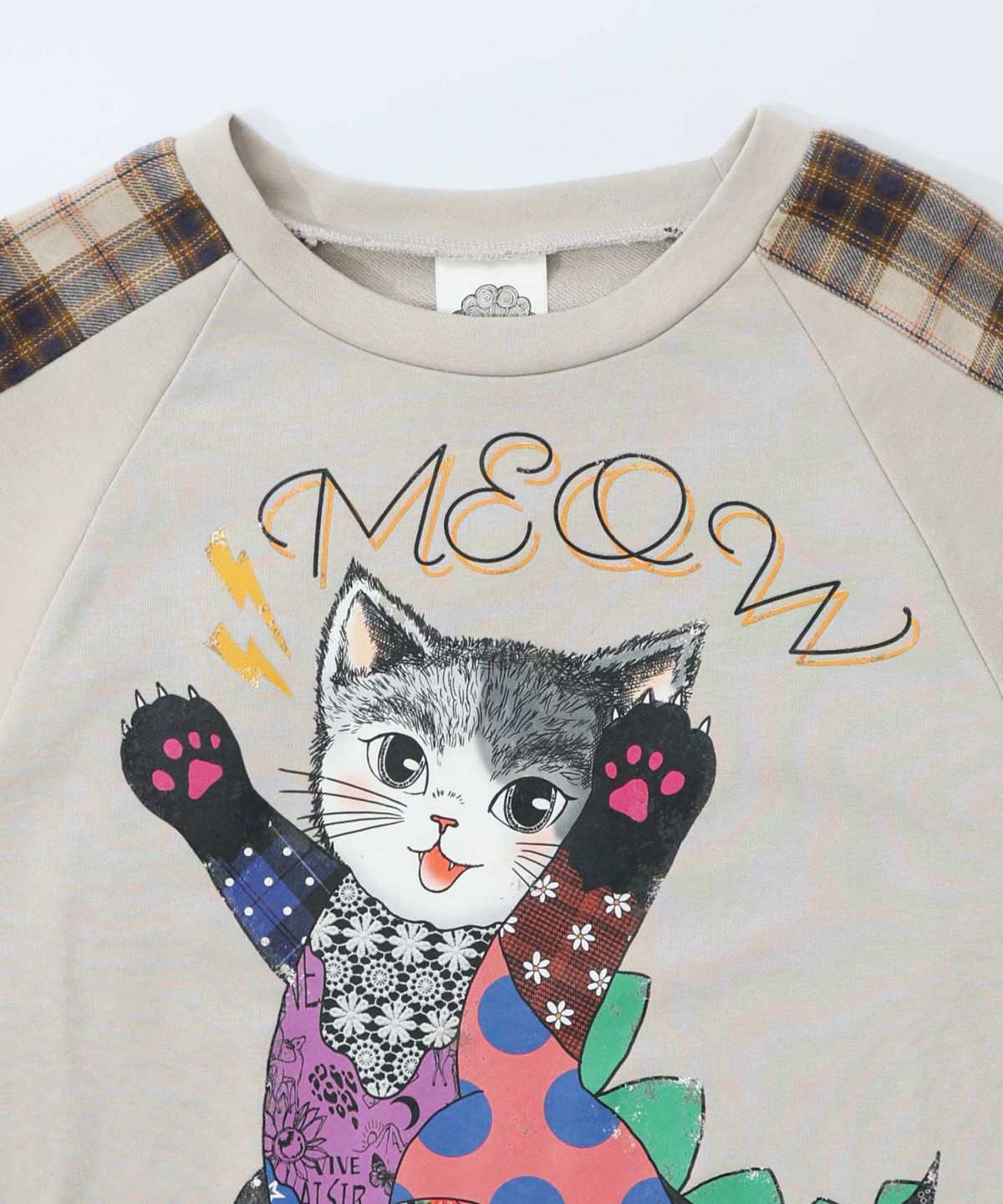 ネコ怪獣とチェック柄 切替裏毛プルオーバー-14