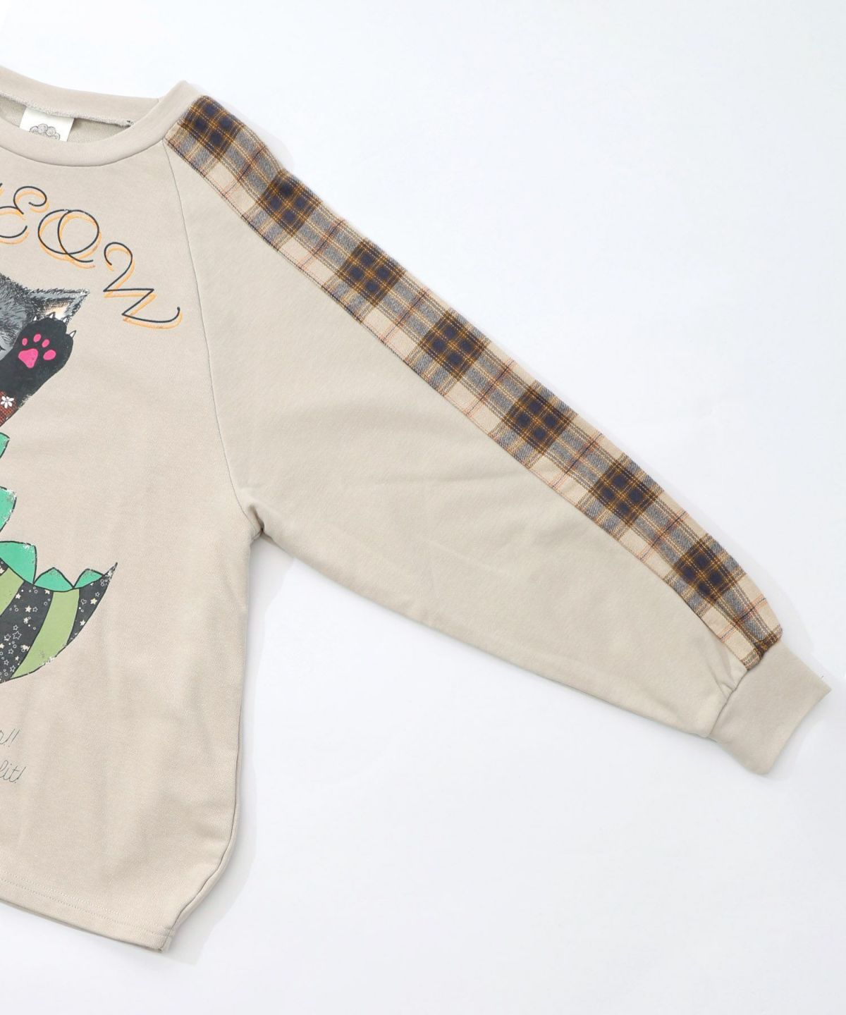 ネコ怪獣とチェック柄 切替裏毛プルオーバー-15