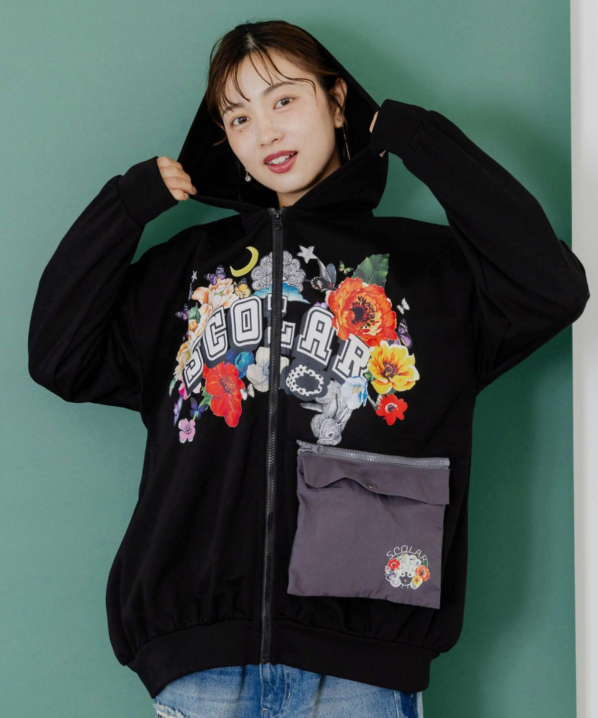 取り外し可能サコッシュ付き 花×ロゴパーカー-1