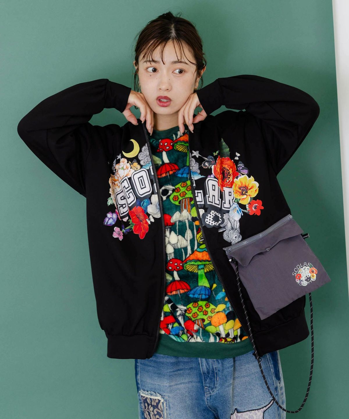 取り外し可能サコッシュ付き 花×ロゴパーカー-3