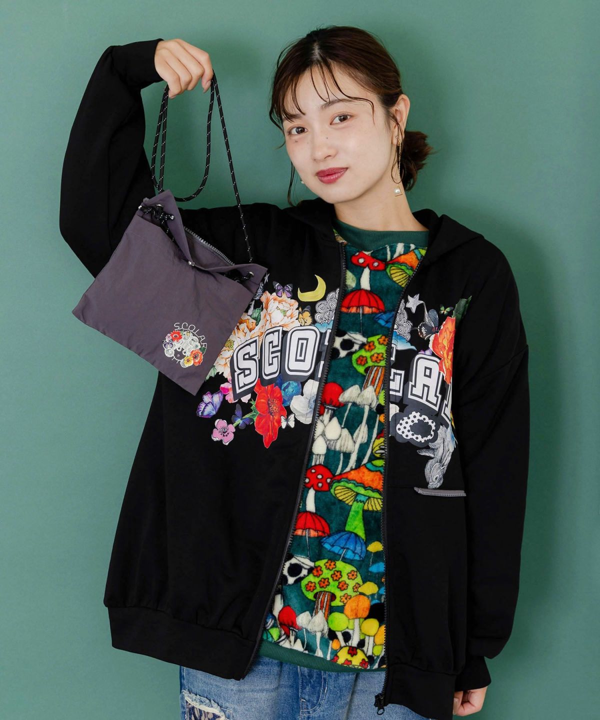 取り外し可能サコッシュ付き 花×ロゴパーカー-9