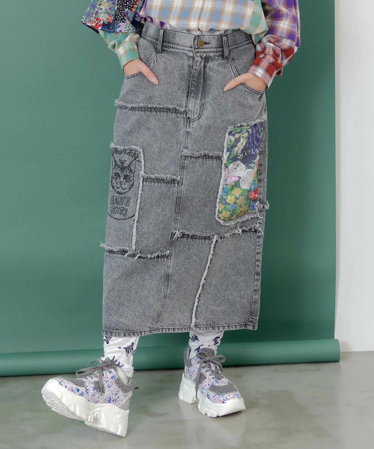花ネコのアシメフリンジ アップリケデニムスカート-1