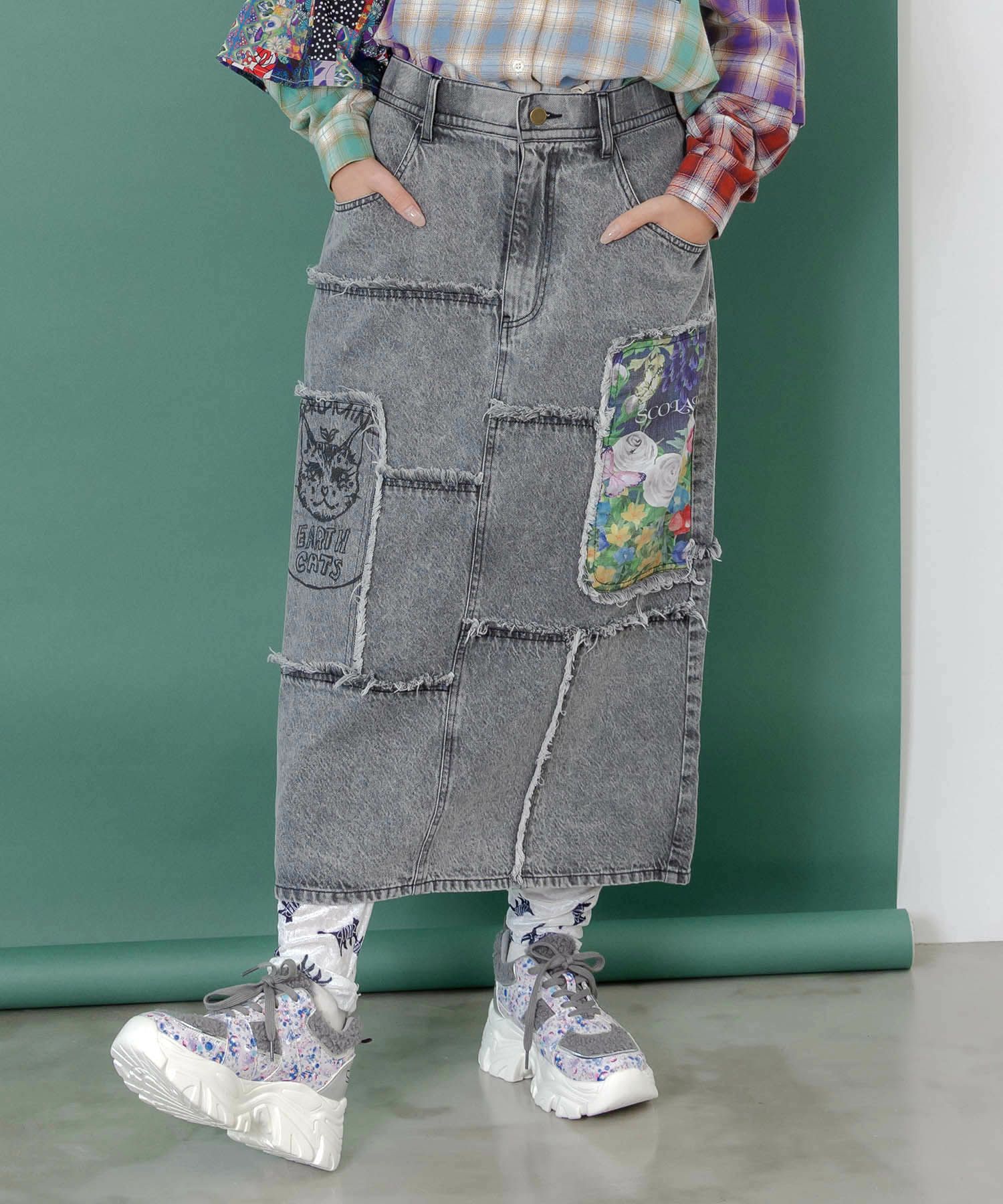 花ネコのアシメフリンジ アップリケデニムスカート-1