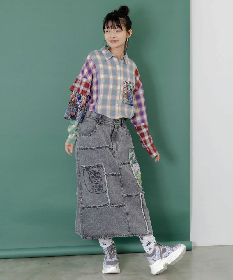 花ネコのアシメフリンジ アップリケデニムスカート-2