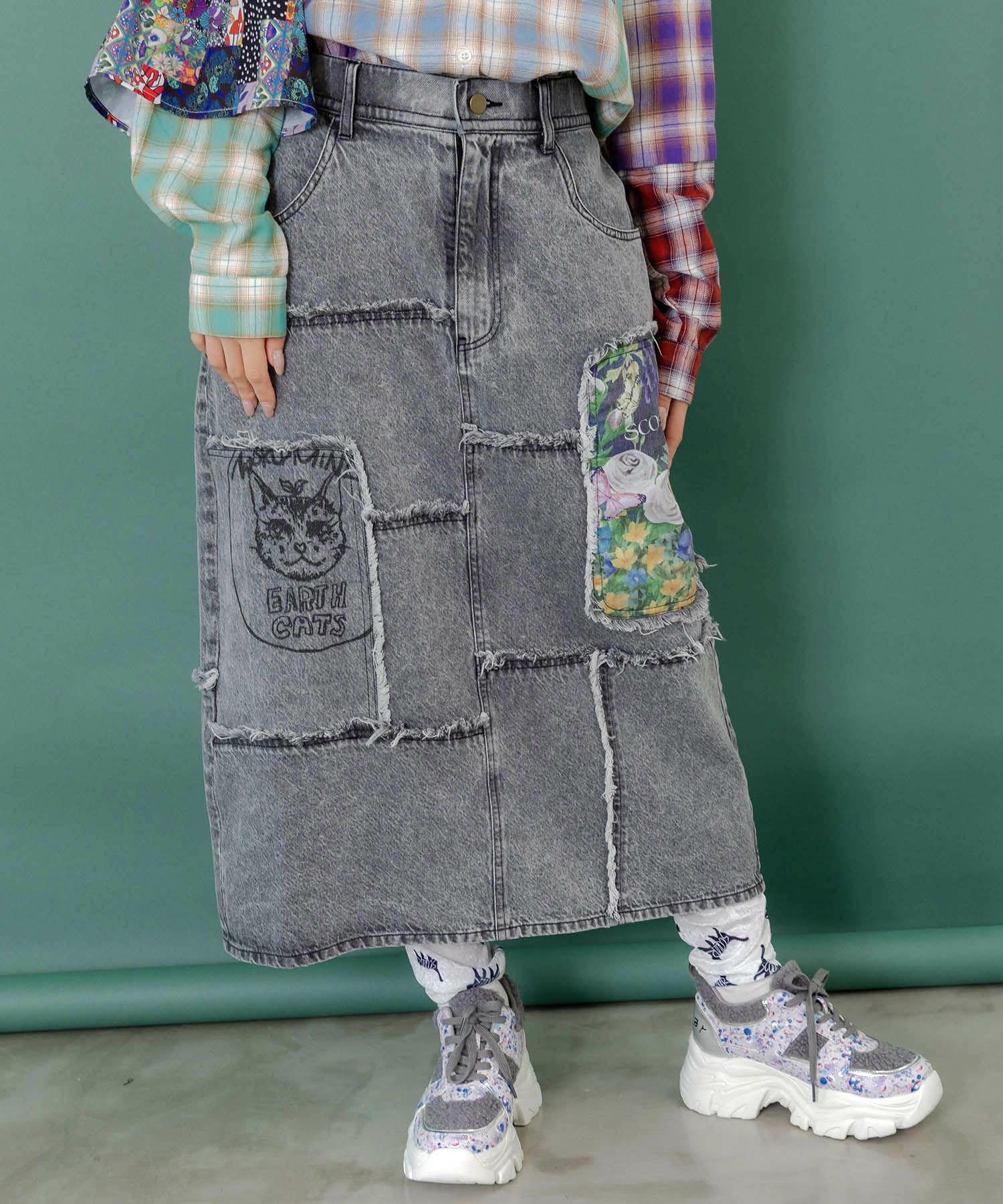 花ネコのアシメフリンジ アップリケデニムスカート-3