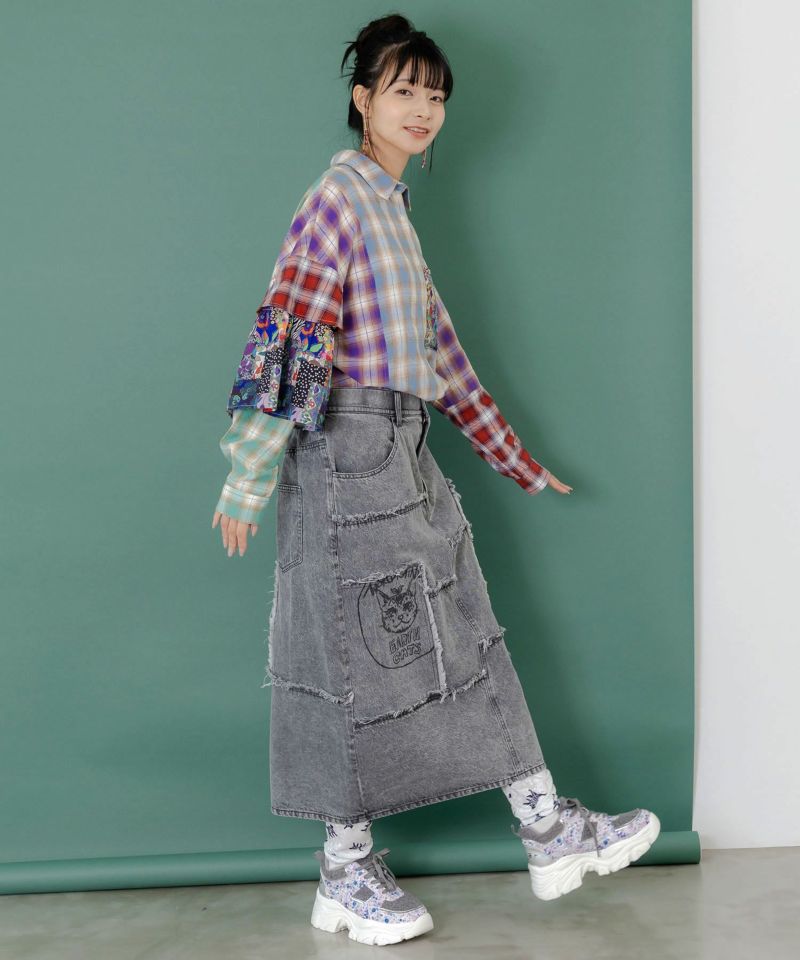 花ネコのアシメフリンジ アップリケデニムスカート-4