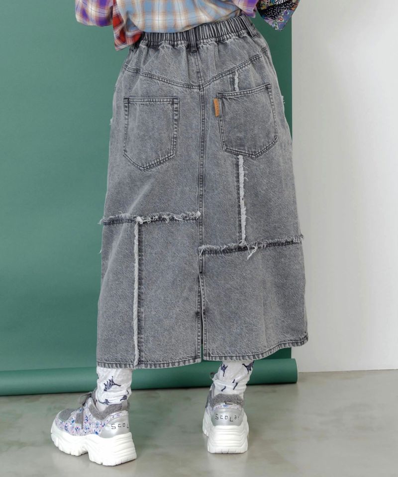 花ネコのアシメフリンジ アップリケデニムスカート-5