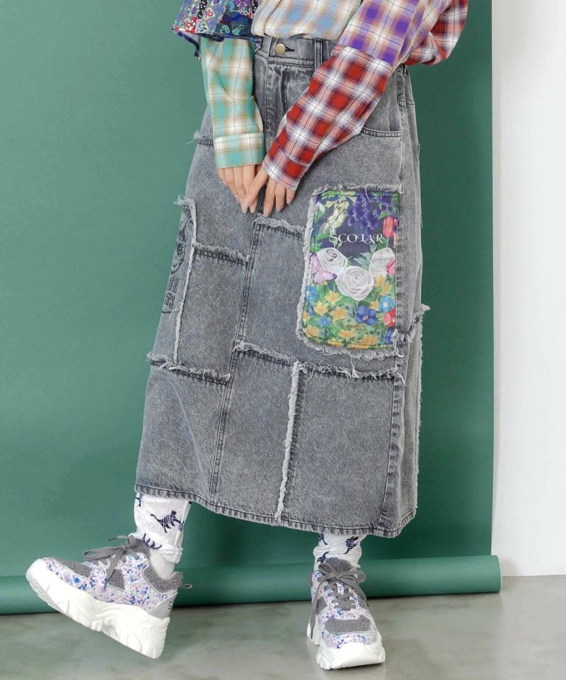 花ネコのアシメフリンジ アップリケデニムスカート-6