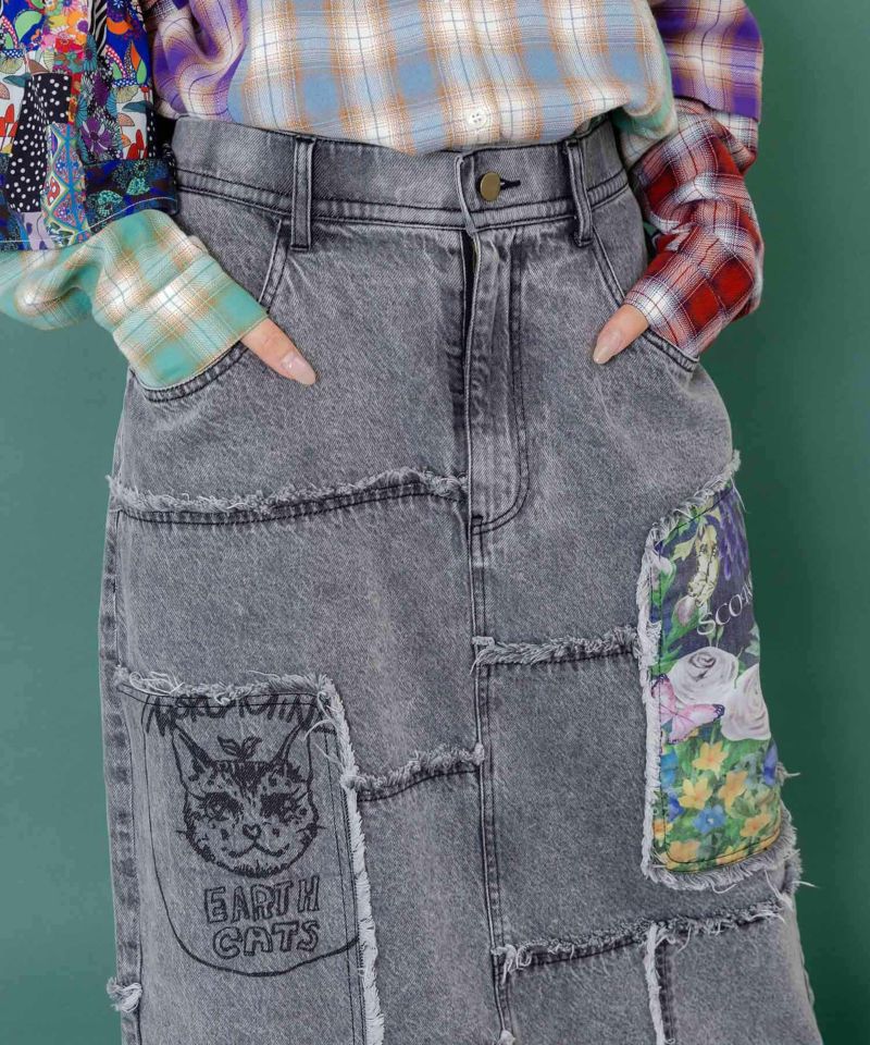 花ネコのアシメフリンジ アップリケデニムスカート-7