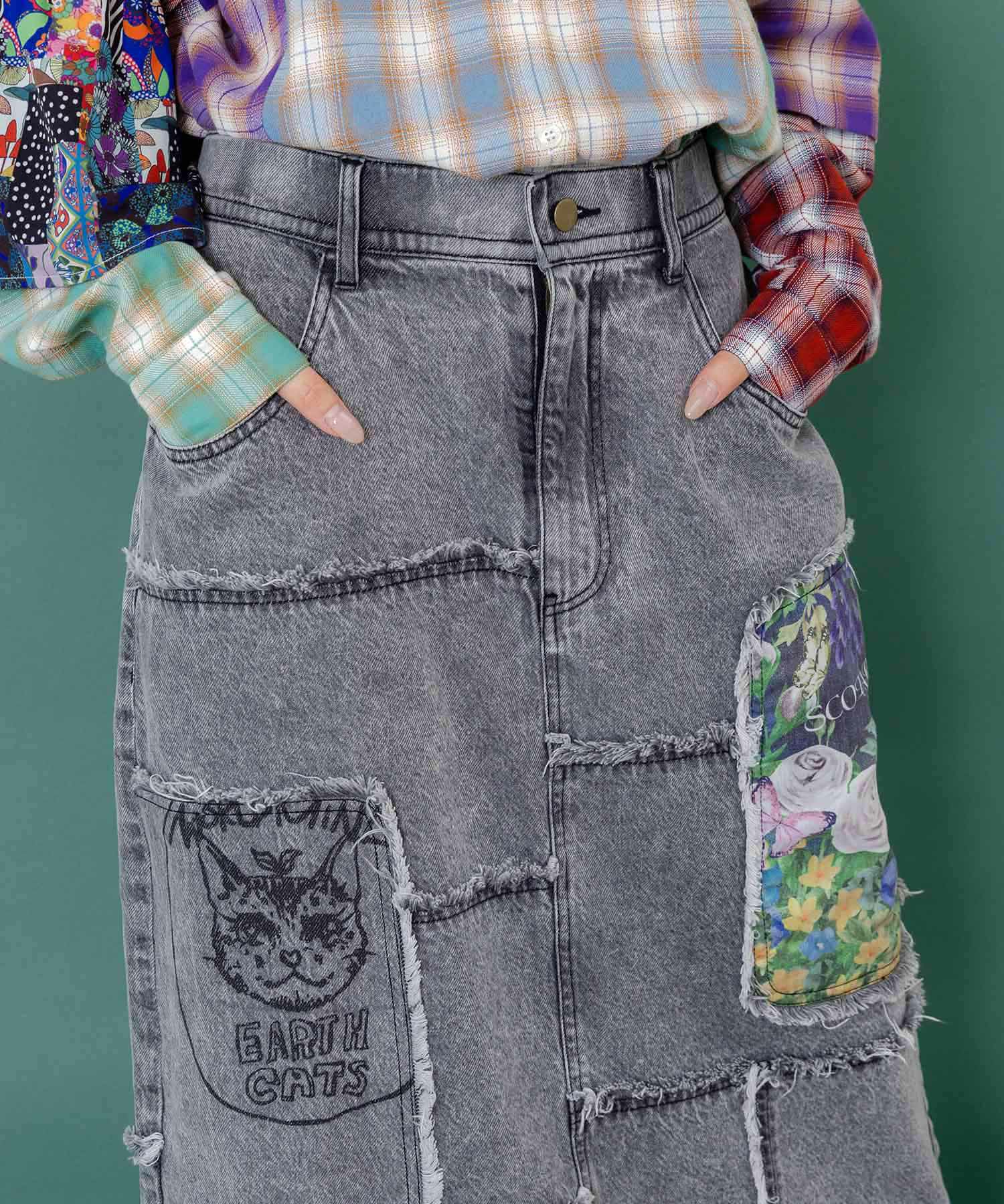 153673：花ネコのアシメフリンジ アップリケデニムスカートの通販-ScoLar